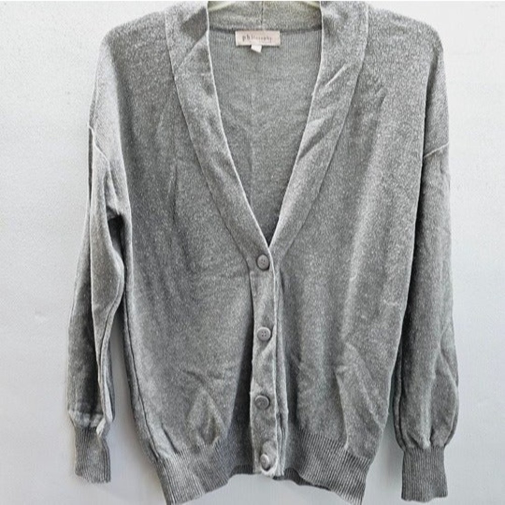 Philosophy Grey Knit Wool Blend Deep V-Neck Button-Front Cardigan, Size Large